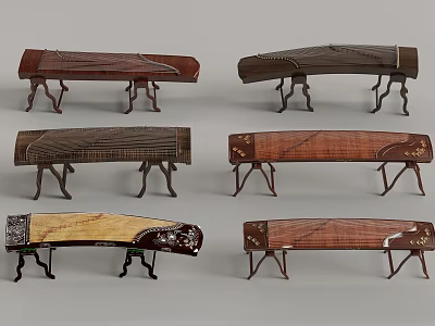 Various Styles Of Traditional Chinese Zithers With Wooden Bodies And Carved Patterns On Stands 3d model