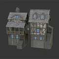 Medieval Style Buildings With Wooden Frames Gray Roofs Blue Windows And Balconies