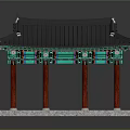 Traditional Architectural Structure with Tiled Roof Green Decorations and Red Pillars on Square Base