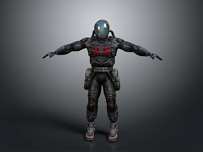 3D Game Movie Character In Black Gray Armor With Red Chest Symbol And Extended Arms 3d model