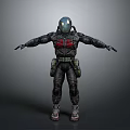 3D Game Movie Character In Black Gray Armor With Red Chest Symbol And Extended Arms