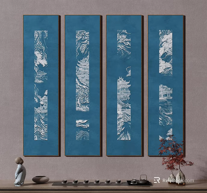 Blue Background Vertical Paintings With White Landscape And Architecture Wall Decor 3d model