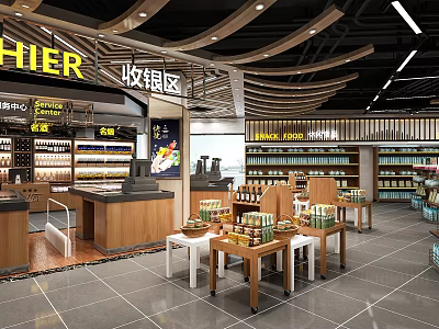 Modern Supermarket Department Store Interior with Checkout Area Shelves and Product Displays Bright Lighting 3d model