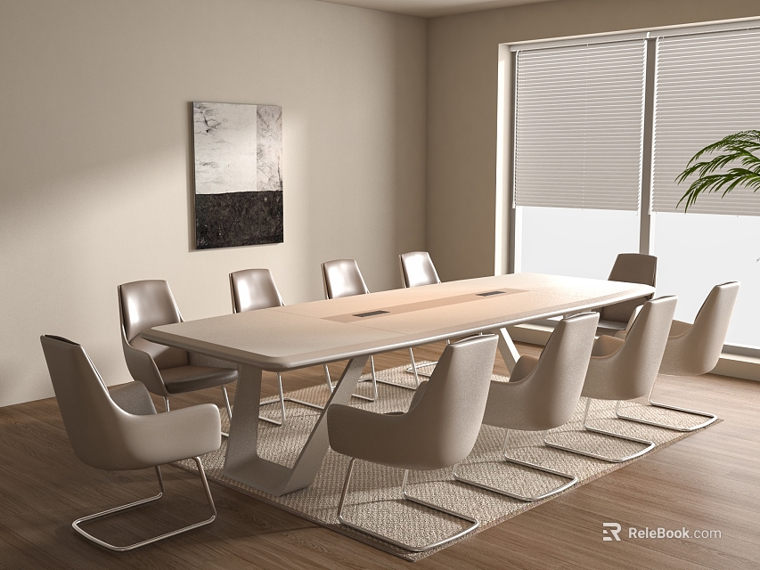 Modern Conference Table With White Chairs Wooden Floor Window Blinds Wall Painting And Plant 3d model 