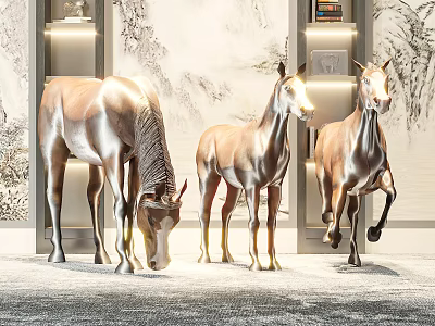 Three Metallic Horse Sculptures In Decorative Room With Artistic Wall And Lights 3d model