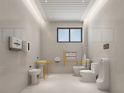 Hotel Bathroom Interior With White Tiled Walls Window Toilets Urinal Sinks And Yellow Handrails 3d model
