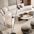 Modern Curved White Sofa With Round Coffee Tables Gray Armchairs And Stools In Living Room