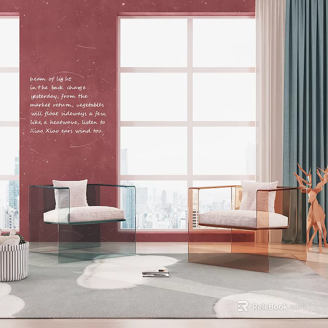 Modern Transparent Single Sofa in Living Room With Red Wall City View And Deer Decoration 3d model 