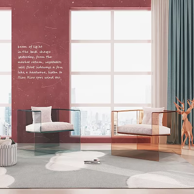 Modern Transparent Single Sofa in Living Room With Red Wall City View And Deer Decoration 3d model
