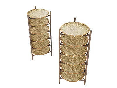 Woven Storage Shelves with Multiple Round Tiers and Wooden Frame for Home Organization 3d model