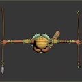 Tribal Female Character In Green Attire With Headpiece Arm Bands And Feather Decorated Tools