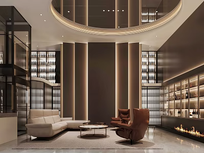 Modern Luxury Open Living And Dining Space With Stylish Wine Cabinets And Cozy Fireplace 3d model
