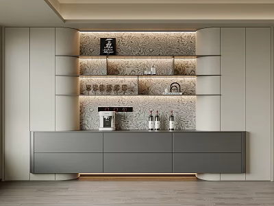 Modern Sleek Wine Cabinet With Illuminated Layered Shelves And Marble Patterned Backdrop 3d model