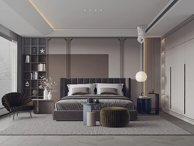 Modern Minimalist Bedroom Interior Featuring Dark Headboard Bed Round Ottoman Nightstand Lamp And Gray Tones 3d model