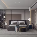 Modern Minimalist Bedroom Interior Featuring Dark Headboard Bed Round Ottoman Nightstand Lamp And Gray Tones