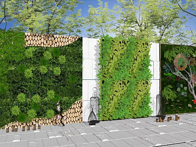 Natural Green Wall Design With Lush Plants Wooden Log Accents And White Panels 3d model