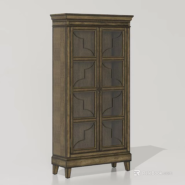 Vertical Wooden Bookcase Interior Design With Glass Doors And Classic Decorative Panels 3d model 