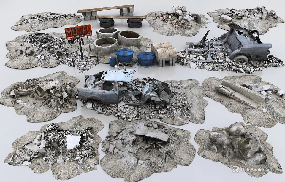 Junkyard Scene With Abandoned Cars Barrels Debris And Discarded Furniture 3d model 