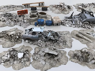 Junkyard Scene With Abandoned Cars Barrels Debris And Discarded Furniture 3d model