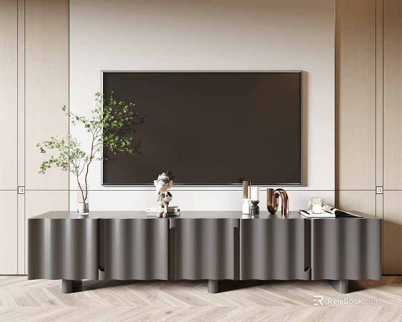 Modern TV Stand with Large TV Potted Plant Decorative Items Against Light Wall Wooden Floor 3d model 