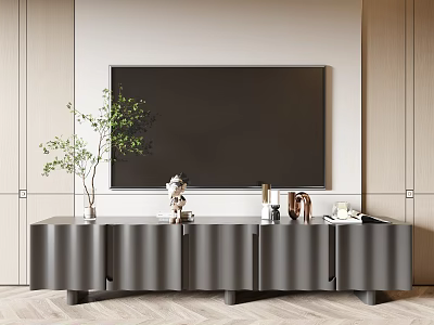Modern TV Stand with Large TV Potted Plant Decorative Items Against Light Wall Wooden Floor 3d model