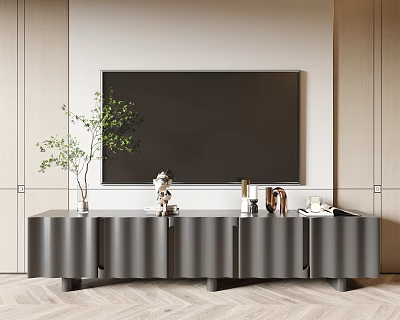 Modern TV Stand with Large TV Potted Plant Decorative Items Against Light Wall Wooden Floor 3d model
