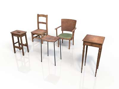 Wooden Stools With Various Designs Including Backrest Armrest And Different Leg Styles 3d model
