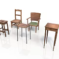 Wooden Stools With Various Designs Including Backrest Armrest And Different Leg Styles 3d model