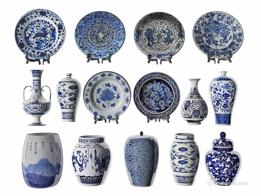Blue and White Ceramic Vessels with Plates Vases Jars Dragon Patterns Floral Designs 3d model 