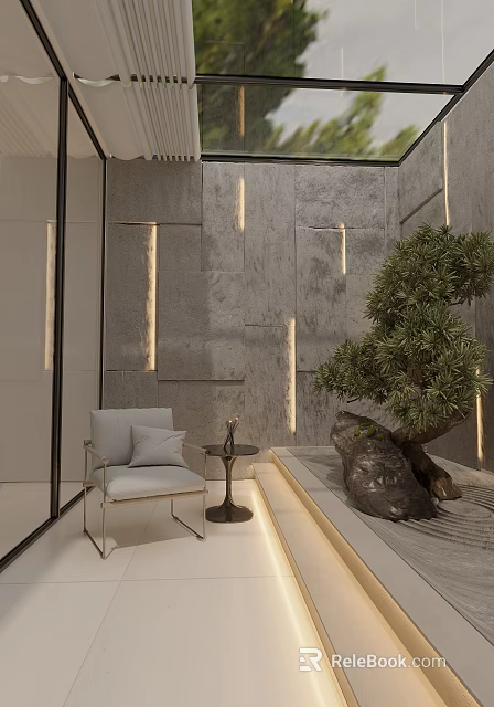 Minimalist Garden Landscape Design With Stone Wall Pine Tree Rock Seating Area And Ambient Lighting 3d model 