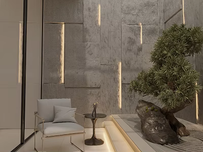 Minimalist Garden Landscape Design With Stone Wall Pine Tree Rock Seating Area And Ambient Lighting 3d model