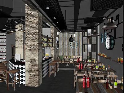 Stylish Bar Interior With Bricked Wall Wine Racks Black Grid Ceiling And Pendant Lights 3d model