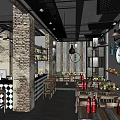 Stylish Bar Interior With Bricked Wall Wine Racks Black Grid Ceiling And Pendant Lights
