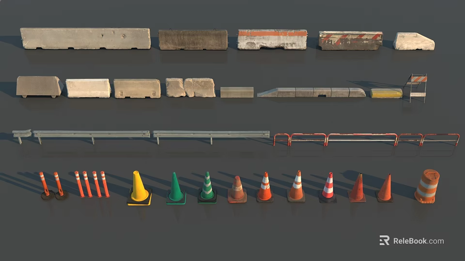 Road Construction Traffic Components With Various Barrier Blocks Guardrails And Colored Traffic Cones 3d model 