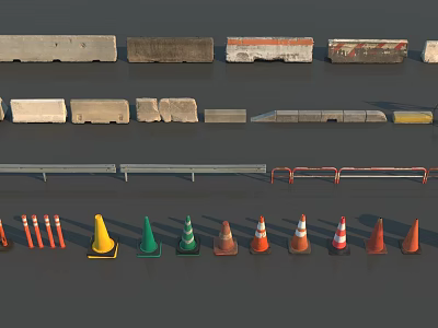 Road Construction Traffic Components With Various Barrier Blocks Guardrails And Colored Traffic Cones 3d model