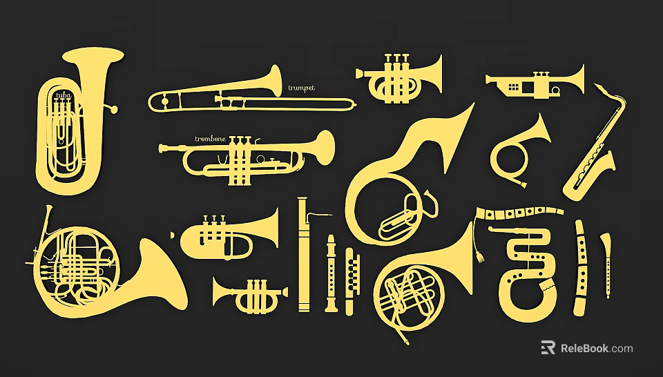 Various Golden Brass Instruments Silhouettes Collection On Black Background Design 3d model