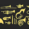 Various Golden Brass Instruments Silhouettes Collection On Black Background Design 3d model