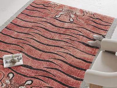 Red Square Rug With Black Stripes And Tiger Motifs For Living Room Decor 3d model