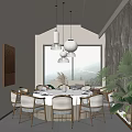 Elegant Private Dining Room With Round Table Pendant Lights Large Window And Mountain View 3d model