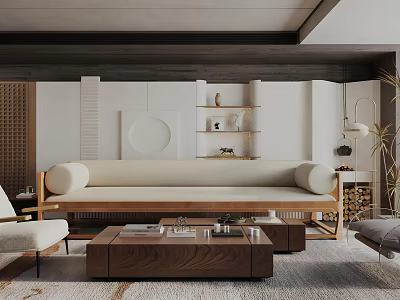 Modern Minimalist Living Room Interior With Beige Sofa Wooden Coffee Table Bookshelves And Green Plant 3d model