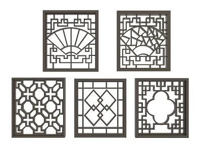 Five Traditional Carved Window Designs with Various Geometric Floral and Fan Patterns 3d model