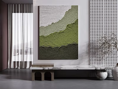 Textured Abstract Green Gray Wall Art In Modern Interior With Bench Vase And Curtains 3d model