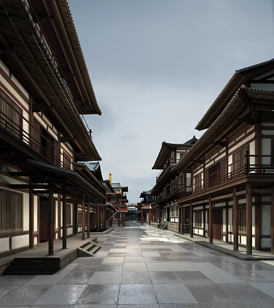 Historical Traditional Commercial Street With Ancient Wooden Buildings And Slate Pavement 3d model
