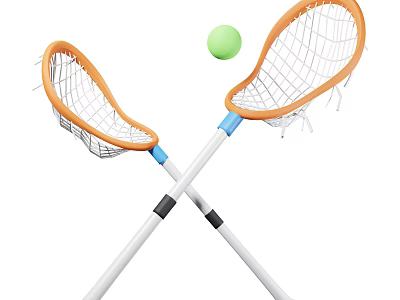 Crossed Lacrosse Sticks With Orange Nets And Green Ball For Sports Equipment 3d model