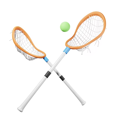 Crossed Lacrosse Sticks With Orange Nets And Green Ball For Sports Equipment 3d model