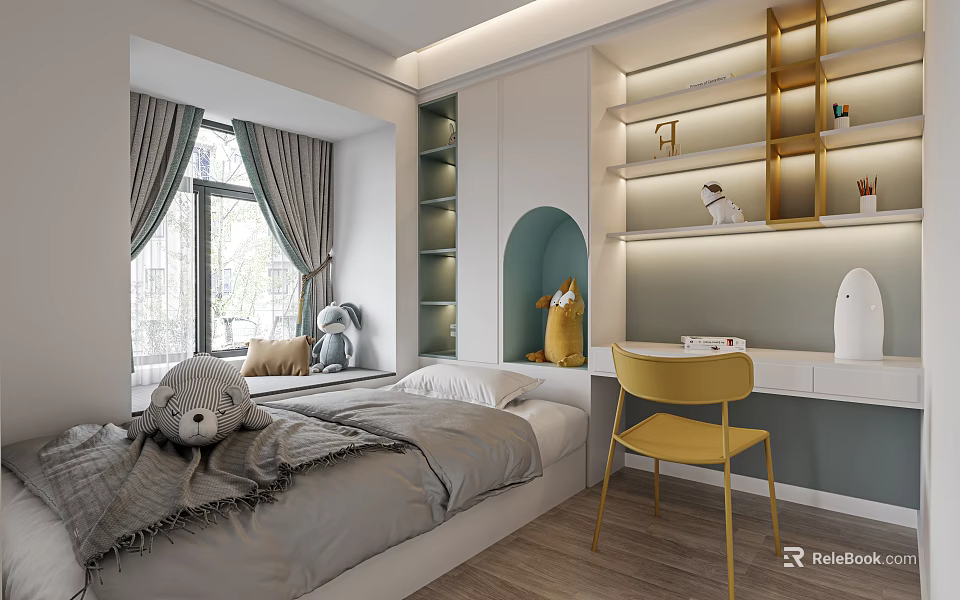 Modern Tatami Bedroom With Gray Bedding Yellow Chair White Desk And Stuffed Toys 3d model 