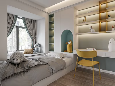 Modern Tatami Bedroom With Gray Bedding Yellow Chair White Desk And Stuffed Toys 3d model
