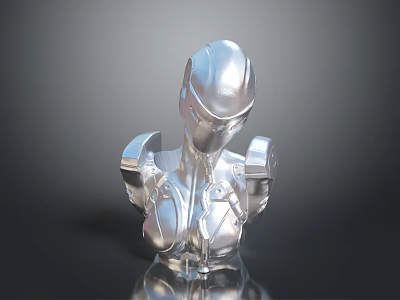 Detailed Shiny Silver Armored Humanoid Bust Sculpture With Sci Fi Character 3d model