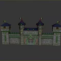 Detailed 3D Castle Model With Blue Roofed Towers Stone Walls And Flags