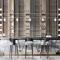 Elegant Modern Bar Counter with Marble Top Shelves and Wine Bottles and Stools